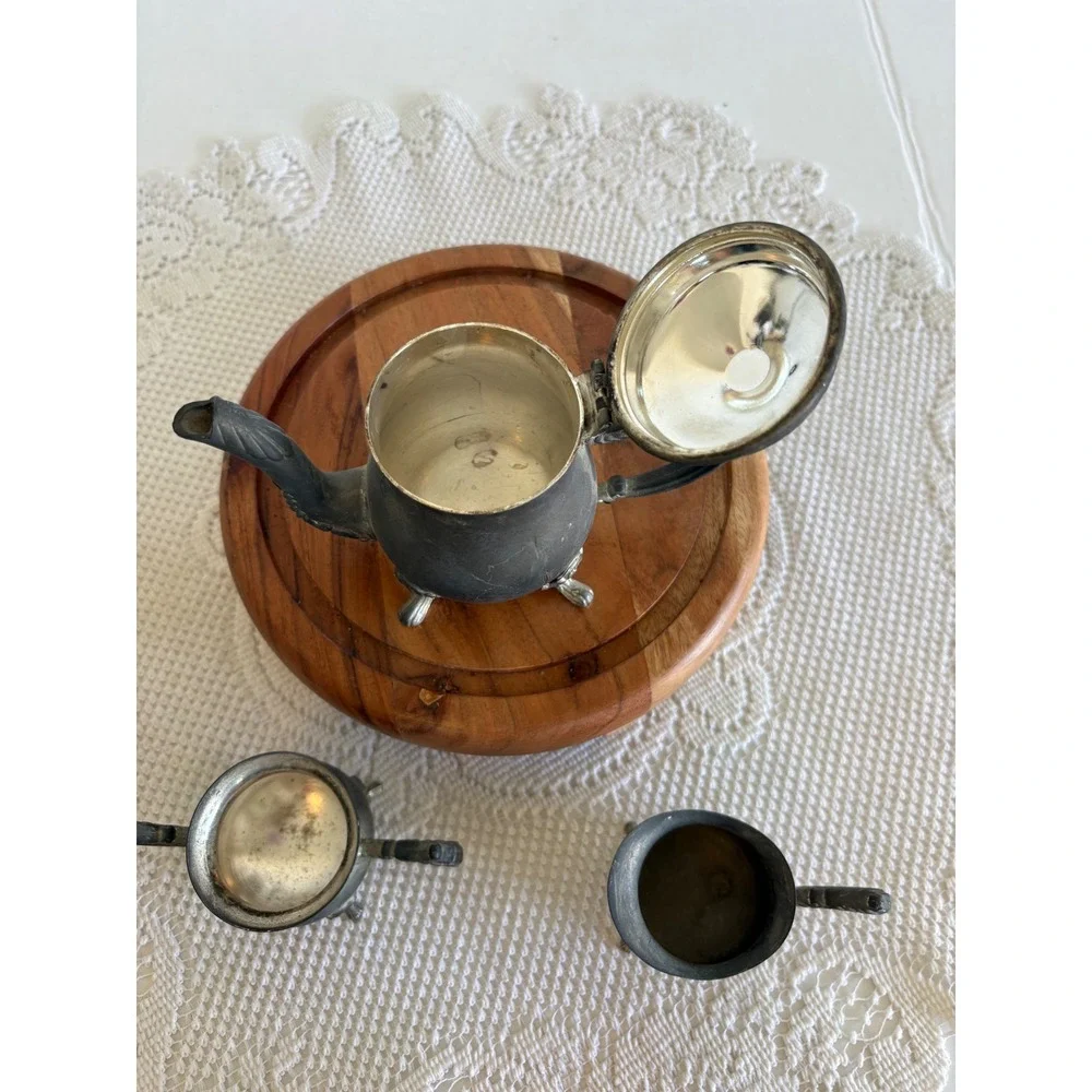 Vintage Miniature Silver Plated Tea Set Teapot Sugar Creamer 3pc Footed Ornate